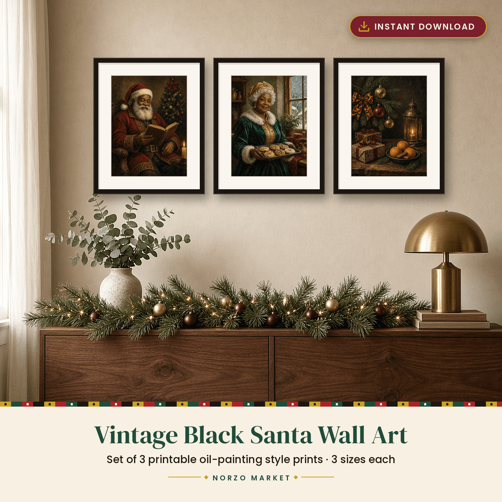 Vintage Black Santa Christmas Wall Art – Set of 3 Printable Oil-Painting Style Prints (Santa, Mrs. Claus, Heritage Still Life)