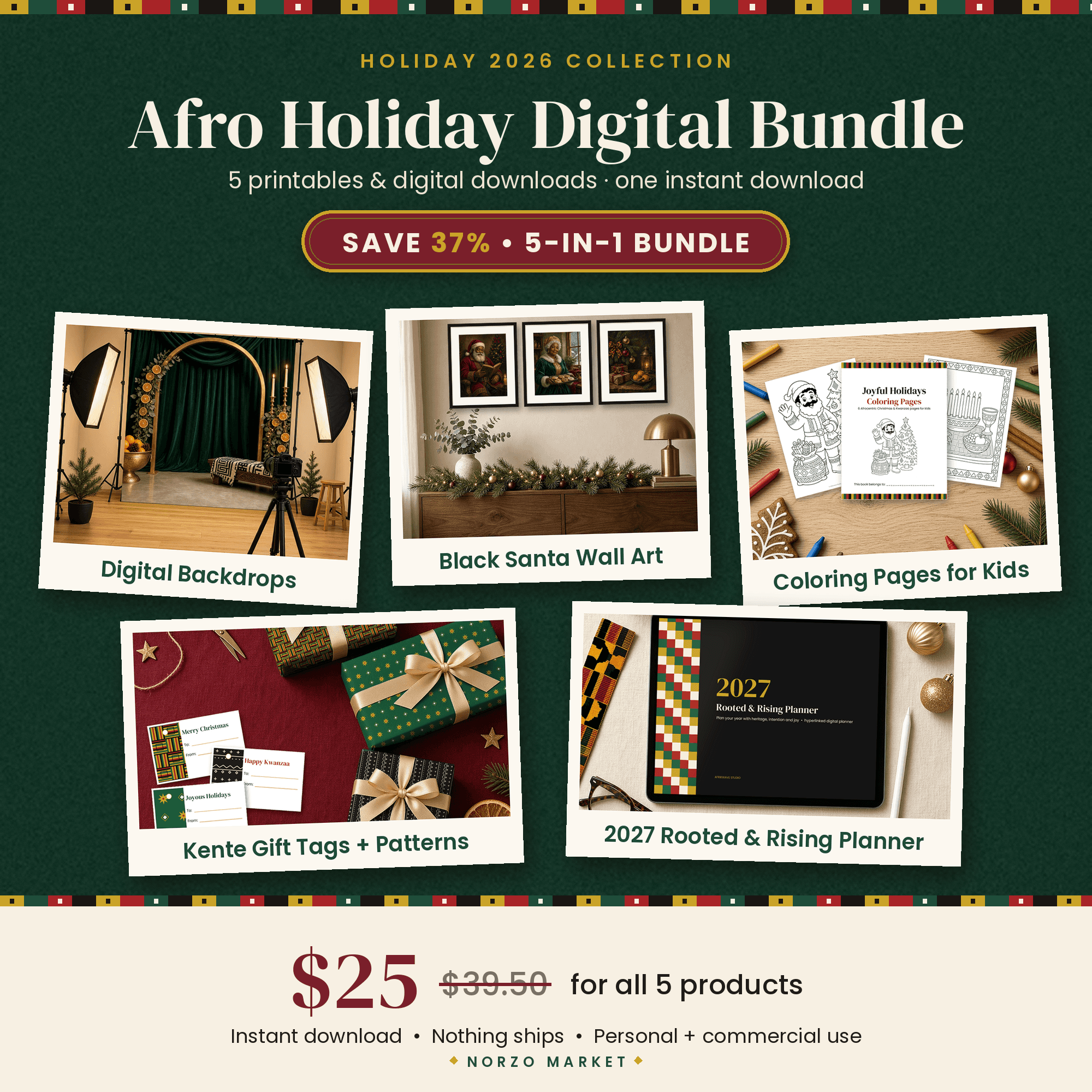 Afro Holiday Digital Bundle – 5 Printables: Black Santa Wall Art, Coloring Pages, Kente Gift Tags, Photo Backdrops & 2027 Planner