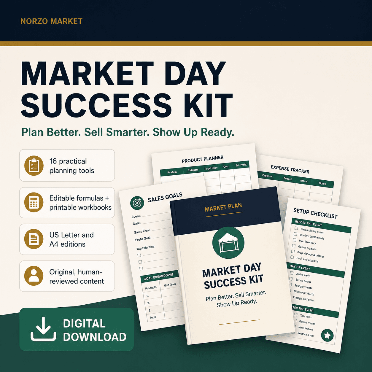 Market Day Success Kit digital product cover with printable planners and editable workbook