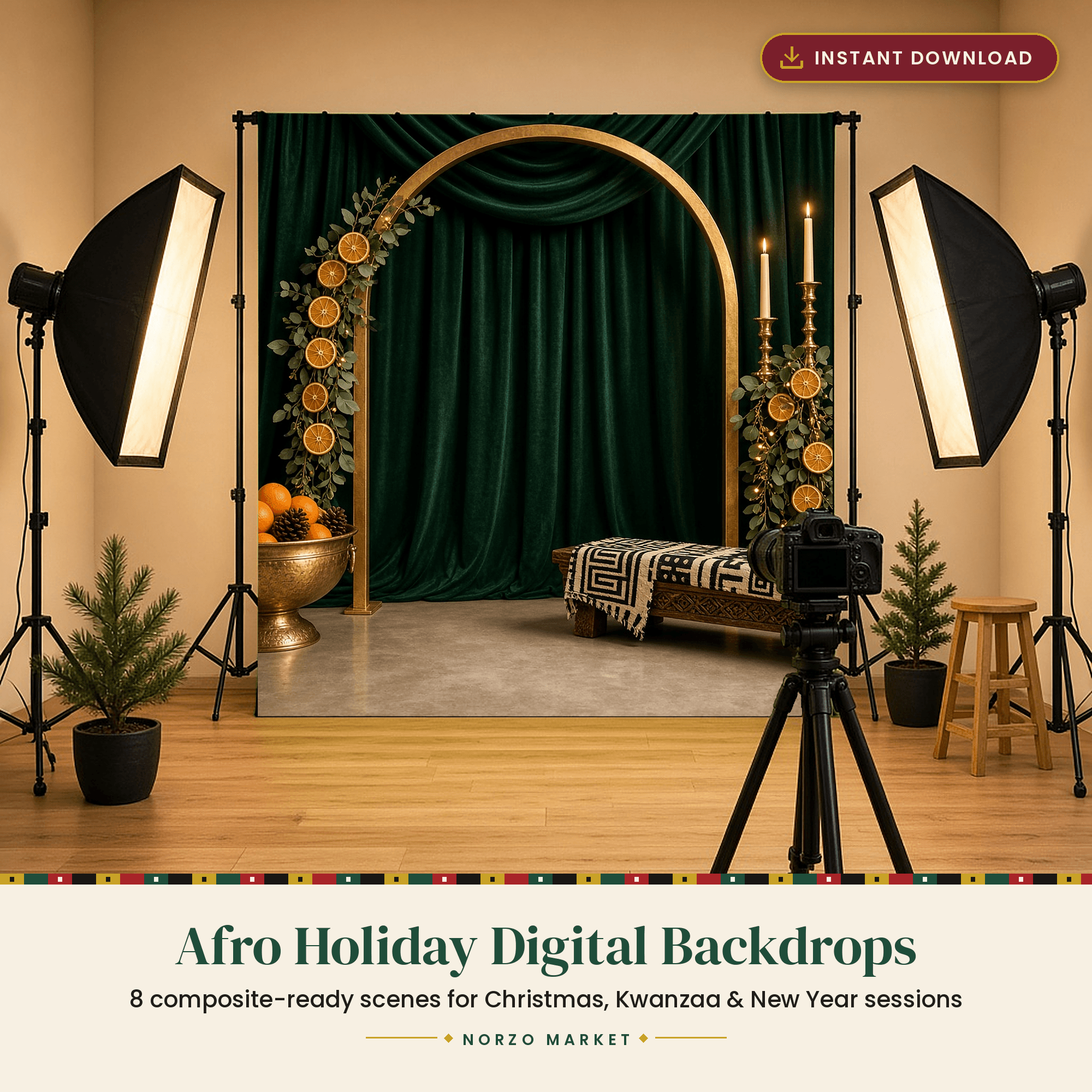 Afro Holiday Digital Backdrops – 8 Christmas, Kwanzaa & New Year Photography Backgrounds (JPG, Instant Download)