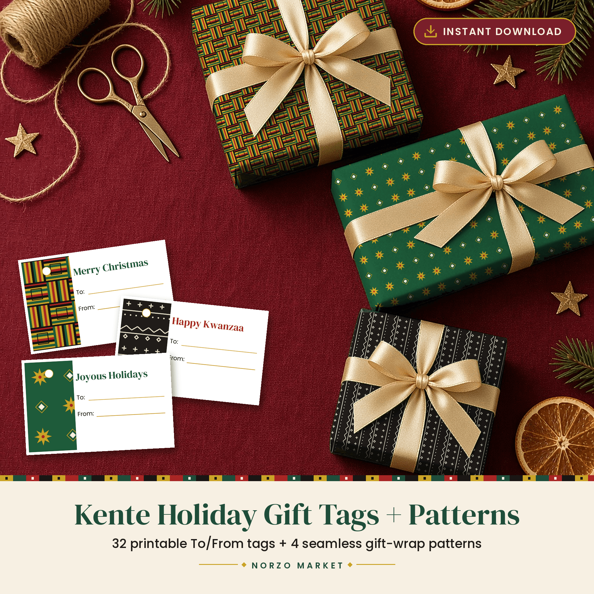Kente Holiday Gift Tags + 4 Seamless Patterns – Printable Christmas & Kwanzaa Tags and Digital Paper